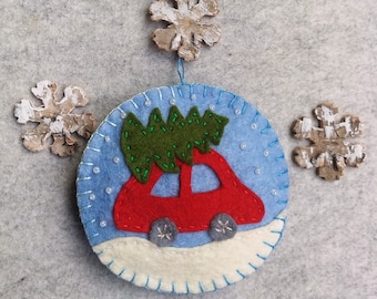 Felt Car with Christmas Tree Ornament, Handmade Holiday Decoration