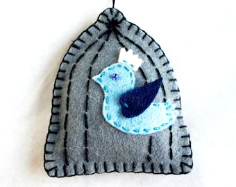 Bird cage ornament felt, blue bird escape from cage, handmade, spring, Birthday gift, Wedding, Housewarming home decor, Christmas ornament