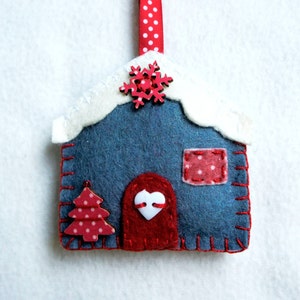 Christmas felt ornament, set of 4, red, grey, house, Christmas tree, star, bell, Christmas tree ornament, handmade, home decoration image 4