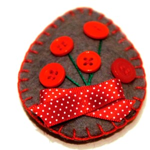 Felt easter egg ornament  with button flower, grey, red, spring decor, easter tree