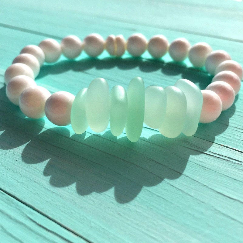 Blue Sea Glass Stretch Bracelet with Gold or Silver Accents