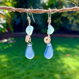Glowing Sapphire Blue Seaglass & Hawaiian Puka Shell Earrings - Beach Glass and Sterling Silver Surfer Girl Dangle Earrings