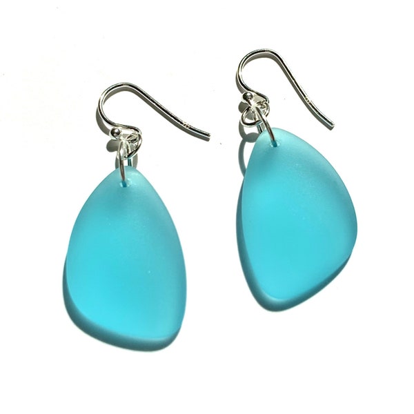 Turquoise Blue Sea Glass Earrings, Aqua Sea Glass, Blue Beach Glass Earrings, Simple Beach Earrings, Sterling Silver Earrings,