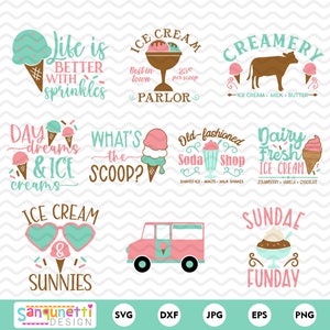 May include: A set of ten digital designs featuring ice cream themed illustrations and text. The designs include a cow, ice cream cones, sundaes, and ice cream trucks. The text includes phrases like "Life is better with sprinkles", "What's the scoop?", "Dairy Fresh Ice Cream", and "Sundae Funday".