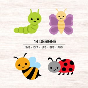 May include: A collection of four cartoon insect designs: a green caterpillar, a purple butterfly, a yellow and black bee, and a red ladybug with black spots. The image includes the text "14 DESIGNS" and file type options.