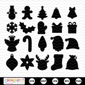 May include: A collection of black Christmas-themed SVG cut files. The set includes a snowman, gingerbread man, Christmas tree, bell, bow, snowflake, holly, mitten, gift box, angel, candy cane, ornament, poinsettia, reindeer, stocking, Santa hat, and a bag.