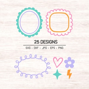 May include: A digital graphic set featuring 25 designs including a teal scalloped oval frame, a pink scalloped square frame, a purple curly oval frame, a pink heart, a light purple flower, a teal four-pointed star, and an orange lightning bolt.
