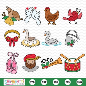 Conjunto de SVG e clipart digital de 12 dias de Natal, pacote de Natal fofo e robusto