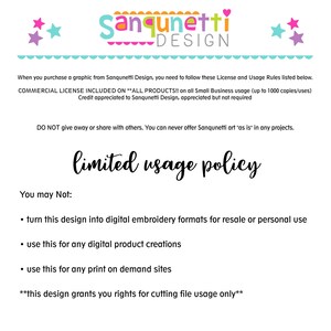 Puede incluir: Un fondo blanco con texto negro que describe los t&eacute;rminos de uso para una licencia comercial. El texto dice "Sanqunetti Design", "LICENCIA COMERCIAL INCLUIDA EN **TODOS LOS PRODUCTOS!!", "NO regalar ni compartir con otros. Nunca puedes ofrecer el arte de Sanqunetti "tal cual" en ning&uacute;n proyecto.", "pol&iacute;tica de uso limitado", "No puedes:", "&bull; convertir este dise&ntilde;o en formatos de bordado digital para la reventa o el uso personal", "&bull; usar esto para cualquier creaci&oacute;n de producto digital", "&bull; usar esto para cualquier sitio de impresi&oacute;n bajo demanda", "**este dise&ntilde;o te otorga derechos para el uso de archivos de corte &uacute;nicamente**".