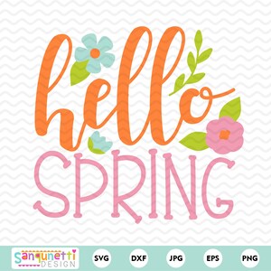 May include: A digital design featuring the text "hello spring" in orange and pink lettering with green leaves and blue and pink flowers.