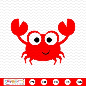 Könnte beinhalten: Ein roter Cartoon-Krabbe mit großen Augen und einem Lächeln. Der Krebs hat zwei große Klauen und vier Beine. Der Krebs befindet sich auf einem weißen Hintergrund mit einem wellenförmigen Muster.