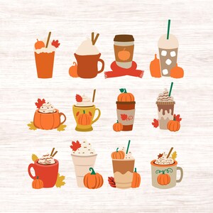May include: A collection of twelve illustrations featuring autumn-themed beverages and pumpkins. The set includes various mugs, tumblers, and cups filled with coffee or lattes, decorated with whipped cream, cinnamon sticks, and orange maple leaves.