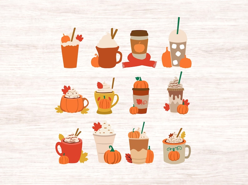 May include: A collection of twelve illustrations featuring autumn-themed beverages and pumpkins. The set includes various mugs, tumblers, and cups filled with coffee or lattes, decorated with whipped cream, cinnamon sticks, and orange maple leaves.