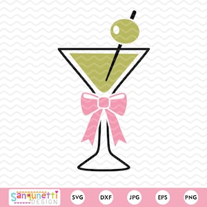 Copa de Martini SVG: Bonita copa de cóctel con lazo de color oliva y rosa