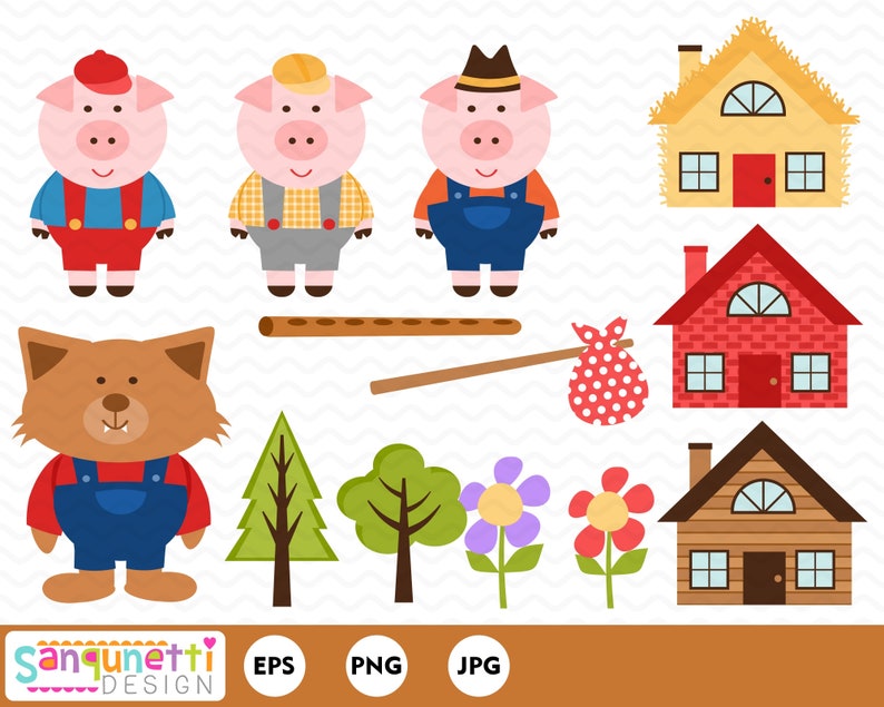 Three Little Pigs Clipart, Nursery Mother Goose digital art instant download image 1