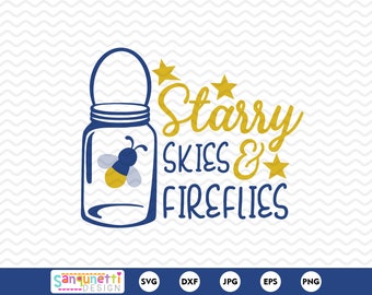 Starry skies & fireflies camping svg, summer digital art for silhouette and cricut