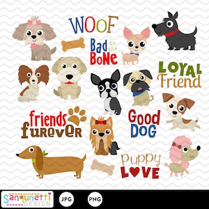 Clipart speelgoed hondenras, puppy en huisdier digitale kunst, instant download