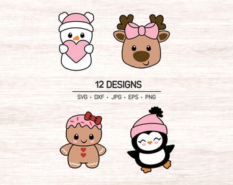 May include: A digital graphic set featuring 12 designs including a snowman holding a pink heart, a reindeer with a pink bow, a gingerbread person with a red bow, and a penguin in a pink hat. The text 12 DESIGNS SVG DXF JPG EPS PNG is included.