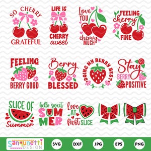 Paquete SVG de frutas de verano / Cereza, fresa y sandía PNG / Citas de frutas SVG