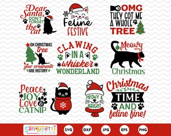 以下が含まれることがあります： 猫とホリデー関連のテキストをフィーチャーした、クリスマスをテーマにした10個のSVGカットファイルのセット。デザインには、「サンタさん、猫を忘れないでね」、「フェラインフェスティバル」、「OMG、彼らは私に木をくれた」、「ああ、クリスマスツリー、あなたのオーナメントは歴史だ」、「ひげのワンダーランドで爪を立てて」、「ミャオクリスマス」、「平和喜び愛猫草」、「クリスマスの時間と猫の良さ！」、「ミャオ＆ブライト」が含まれています。
