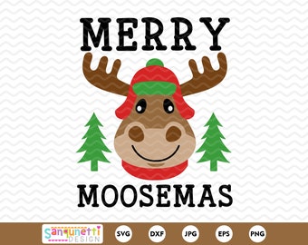 May include: A digital design featuring a cartoon moose wearing a red and green hat and scarf with the text "Merry Moosemas".
