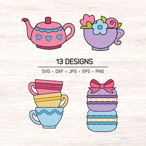 Puede incluir: Ilustraciones coloridas de estilo caricatura que incluyen una tetera rosa con corazones azules, una taza morada con flores, tazas apiladas y una pila de macarons con un lazo rosa. También está presente el texto "13 DESIGNS".