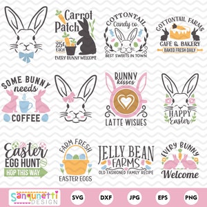 May include: A set of 10 Easter-themed bunny designs featuring various phrases and images, including "Some bunny needs coffee", "Carrot Patch", "Cottontail Candy Co.", "Cottontail Farms", "Bunny Kisses", "Happy Easter", "Easter Egg Hunt", "Farm Fresh Easter Eggs", "Jelly Bean Farms", and "Every Bunny Welcome".