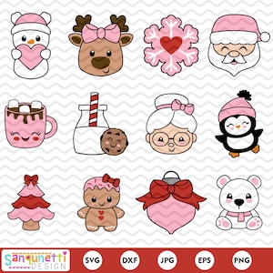Adorável pacote SVG de Natal rosa e pacote de clipart: designs SVG fofos de personagens de Natal