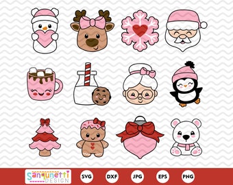 Adorable Pink Christmas SVG and clipart bundle Bundle:  Cute Christmas character SVG designs