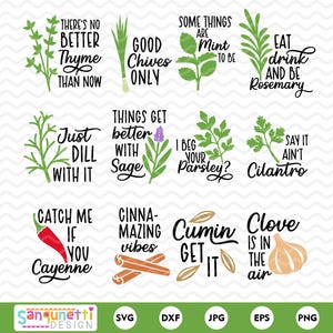 Paquete SVG de juegos de palabras con hierbas y especias / Imágenes prediseñadas de refranes divertidos de cocina / Imágenes PNG de juegos de palabras de cocina