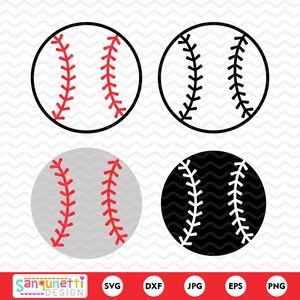 May include: Four baseball designs in a vector graphic. Two baseballs have red stitching on a white background, one with a black outline. The other two baseballs have black and white stitching on a grey and black background.