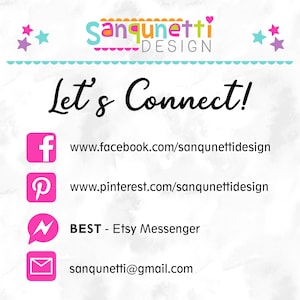 May include: A white background with a pink and blue border. The text "Let's Connect!" is in black. Below the text are icons for Facebook, Pinterest, Etsy Messenger, and email. The text below the icons includes the website addresses and email address for the company.