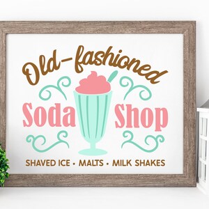May include: A framed sign with the text "Old-fashioned Soda Shop" in brown, pink, and teal lettering. The sign also features a cartoon illustration of a milkshake with a cherry on top. The text "Shaved Ice - Malts - Milk Shakes" is printed below the illustration.