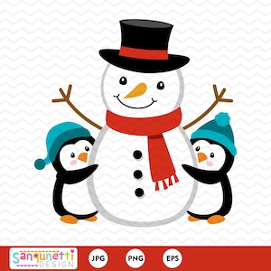 Imágenes prediseñadas de pingüinos abrazando a un muñeco de nieve, arte digital, imágenes prediseñadas de invierno, descarga instantánea