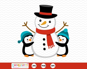 Pinguïns knuffelen sneeuwpop clipart digitale kunst, winter clipart instant download