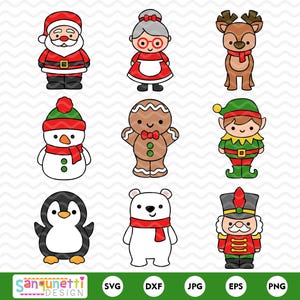 May include: A selection of festive Christmas cartoon characters. The image features Santa Claus, Mrs. Claus, a reindeer, a snowman, a gingerbread man, an elf, a penguin, a polar bear, and a nutcracker, all with a cartoon style. The background is white with a zig-zag pattern.