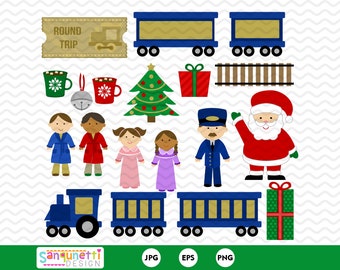 May include: A set of digital clipart images featuring a blue train, a Christmas tree, a conductor, Santa Claus, children in pajamas, and gifts. The text "Round Trip" is on a train ticket.