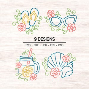 Op de afbeelding: Een digitaal ontwerp met vier zomerillustraties: slippers, zonnebrillen, een pot met een rietje en citroen en een zeeschelp. Elk ontwerp is omgeven door bloemen en bladeren. De tekst luidt "9 DESIGNS".