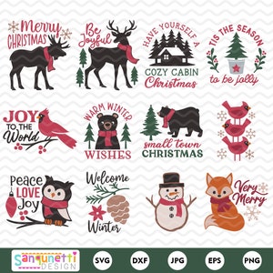 Paquete SVG de Navidad en el bosque / Cabaña acogedora, Navidad, cardenal, muñeco de nieve, zorro y más / Clipart de vacaciones de invierno