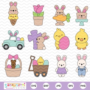 Paquete de imágenes prediseñadas de Pascua con dibujos animados: lindo conejito y pollito SVG