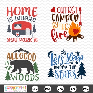 Paquete svg de camping, archivo recortado al aire libre para silueta y cricut