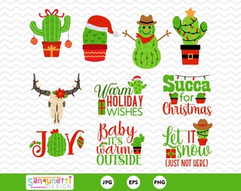 May include: A set of 10 digital clipart images featuring cacti with Christmas decorations and festive sayings. The cacti are green with red and white accents. The sayings include "Warm Holiday Wishes", "Succa for Christmas", "Joy", "Baby It's Warm Outside", and "Let It Snow (Just Not Here)".