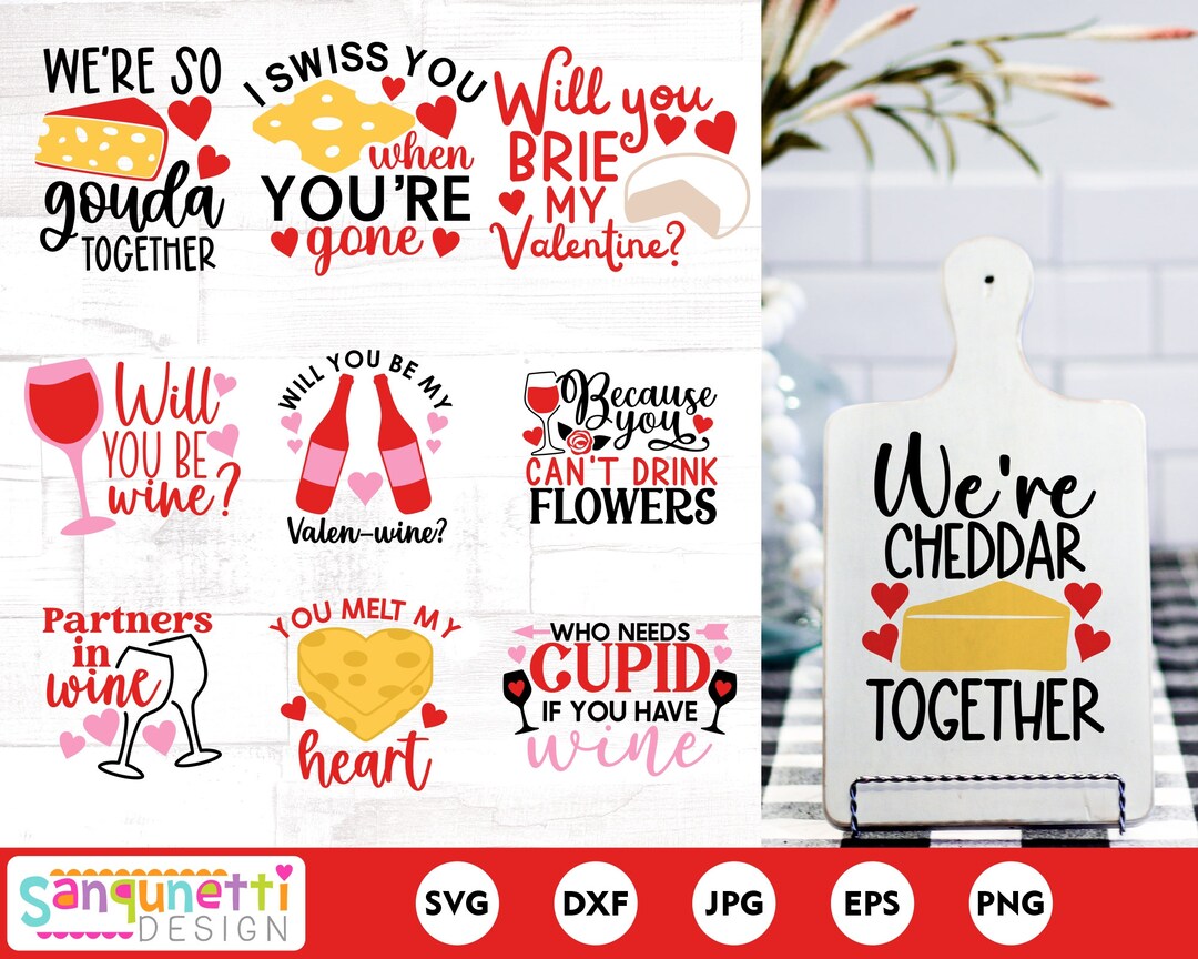 Wine and Cheese Valentine SVG Bundle, Valentine Wine SVG, Cheese