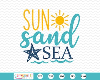 May include: A blue and yellow graphic design with the text "SUN sand SEA" and a yellow sun and a blue starfish.