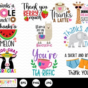 May include: A set of 10 colourful thank you cards with various illustrations and text. The cards feature a doughnut, watermelon, llama, elephant, giraffe, cow, teacup, and underwear. The text on the cards includes "Thanks a Hole Bunch!", "Thank you Berry Much", "Thanks a Latte", "Thanks a Melon", "Thanks a Ton", "Thank You for Helping Me Reach Success", "Awesome You're Tea-Rific", and "A Short and Brief Thank You".