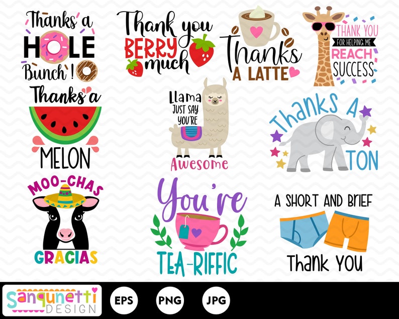 May include: A set of 10 colourful thank you cards with various illustrations and text. The cards feature a doughnut, watermelon, llama, elephant, giraffe, cow, teacup, and underwear. The text on the cards includes "Thanks a Hole Bunch!", "Thank you Berry Much", "Thanks a Latte", "Thanks a Melon", "Thanks a Ton", "Thank You for Helping Me Reach Success", "Awesome You're Tea-Rific", and "A Short and Brief Thank You".