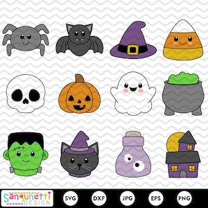 Pu&ograve; includere: Un set di 12 immagini clipart a tema Halloween. Le immagini includono un ragno, un pipistrello, un cappello da strega, mais dolce, uno scheletro, una zucca, un fantasma, un calderone, Frankenstein, un gatto strega, una bottiglia di pozione e una casa infestata. Le immagini sono tutte in stile cartone animato e sono perfette per l'uso in progetti di artigianato, scrapbooking o design digitale.