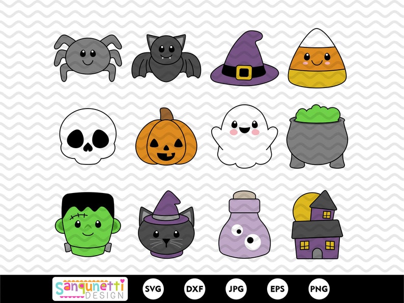 Pu&ograve; includere: Un set di 12 immagini clipart a tema Halloween. Le immagini includono un ragno, un pipistrello, un cappello da strega, mais dolce, uno scheletro, una zucca, un fantasma, un calderone, Frankenstein, un gatto strega, una bottiglia di pozione e una casa infestata. Le immagini sono tutte in stile cartone animato e sono perfette per l'uso in progetti di artigianato, scrapbooking o design digitale.