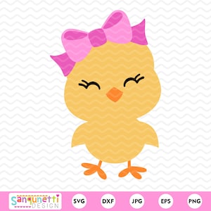 May include: A yellow chick with a pink bow on its head. The chick has closed eyes and a small orange beak.