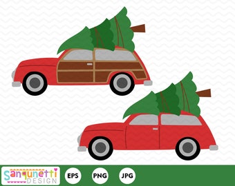 Christmas woody station wagon clipart, car digital art for holiday projects